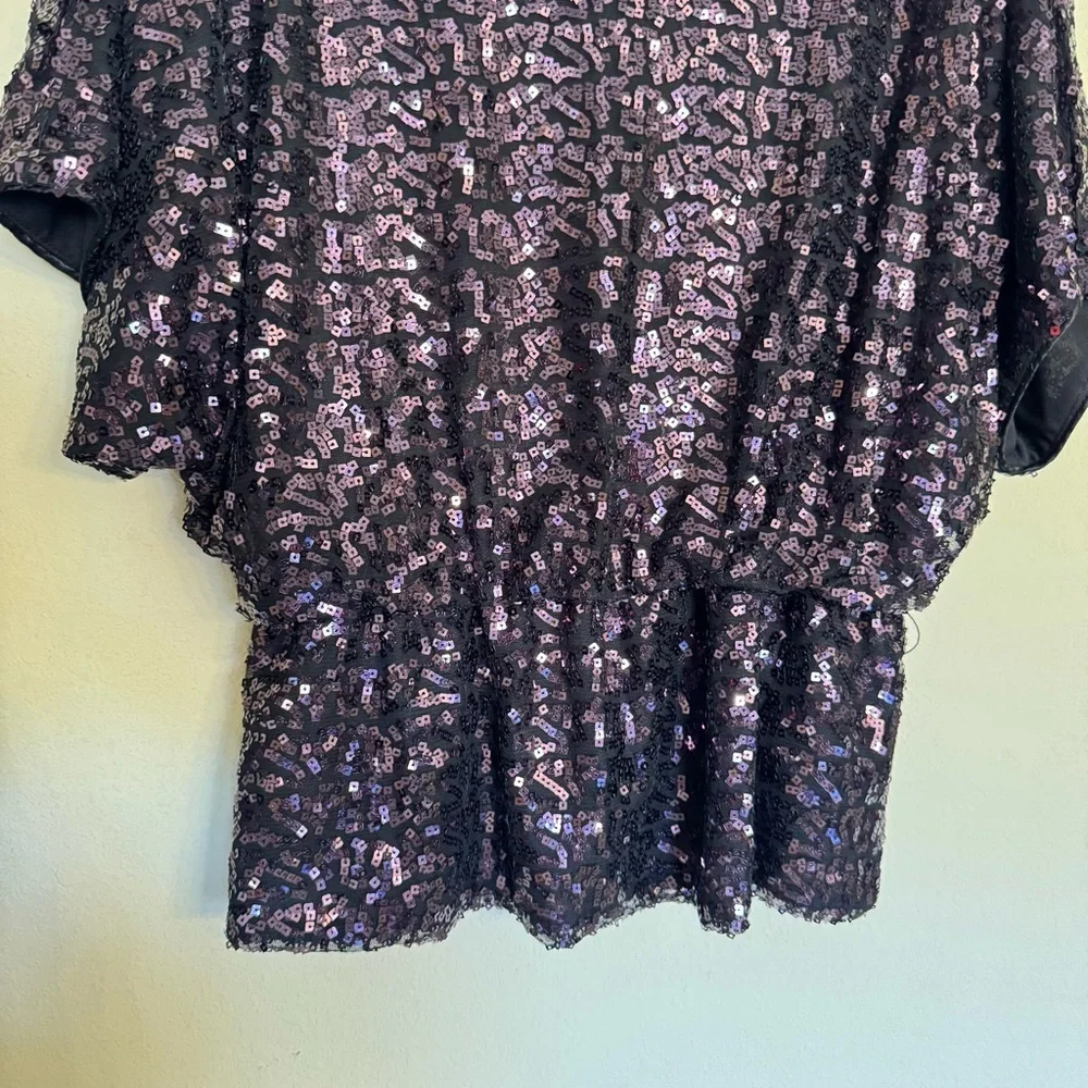 Xscape Black Beaded Purple Square Blouse Top Sz 10 Party Evening Cocktail Fancy